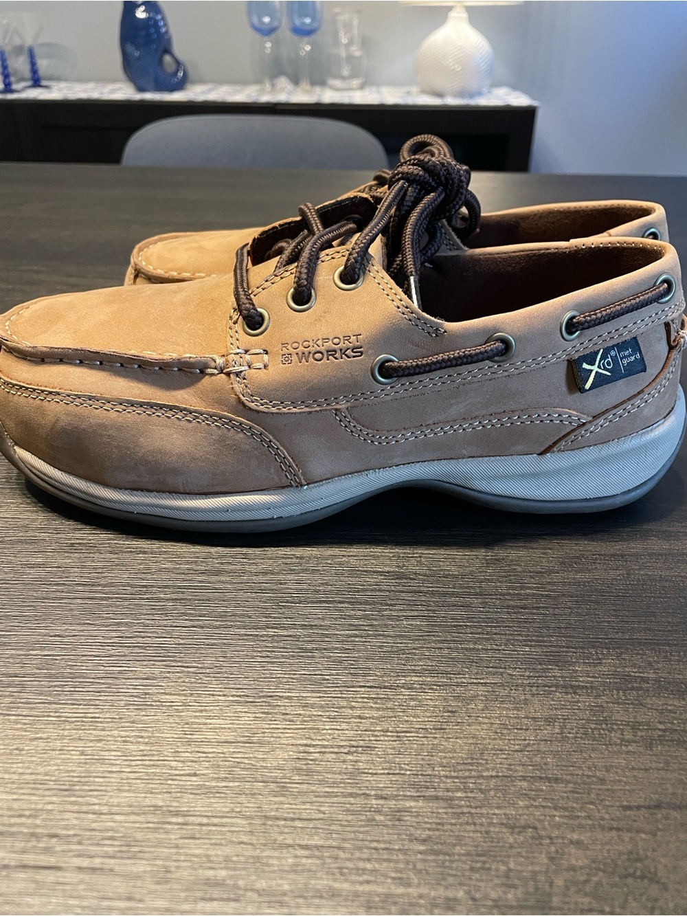 Rockport Works Men's Brown Leather Steel Toe Boat Shoes with Dark Brown Laces